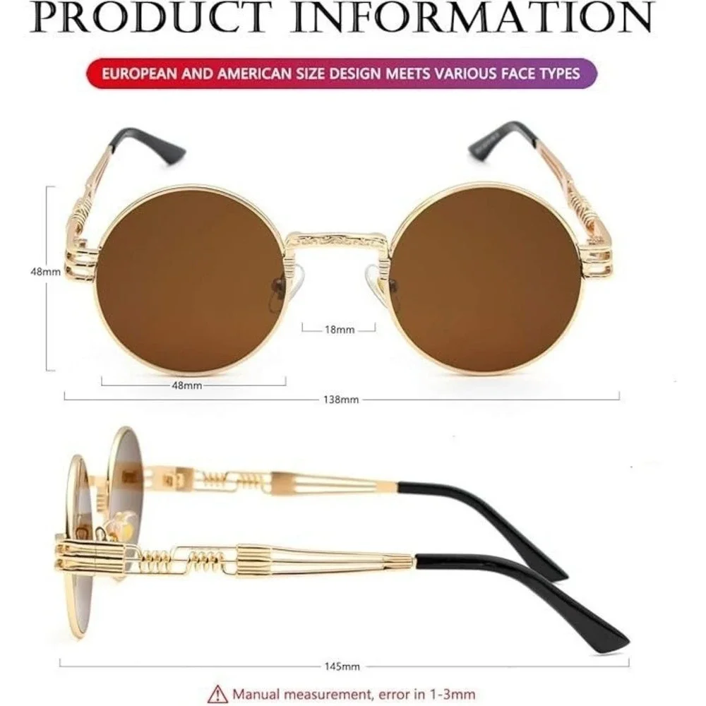 Round Steampunk Sunglasses Gold Frame Brown‎ Lens Designer Style Street Hip Hop